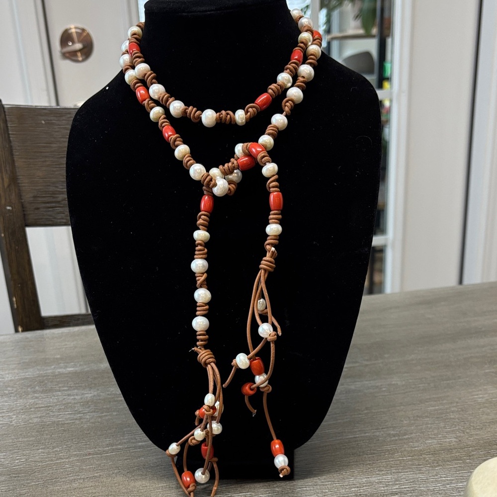 Elegant Freshwater pearl and Coral Necklace strung on genuine leather